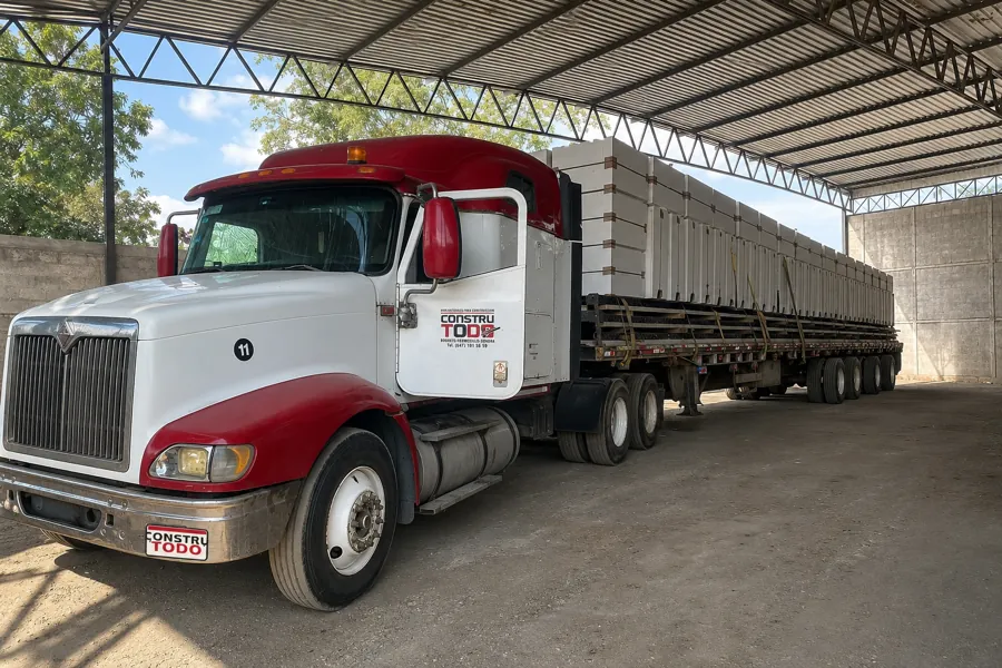 Nave con estructura metálica y transporte de elementos prefabricados